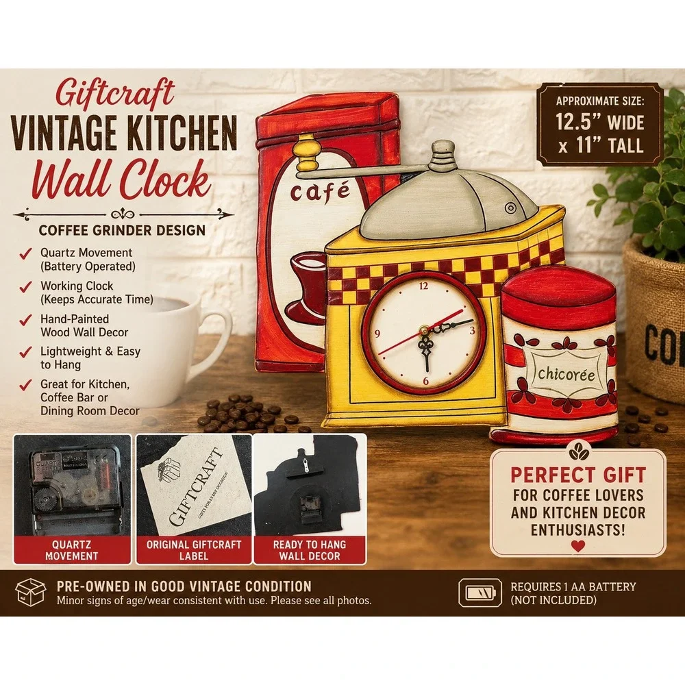 Giftcraft Vintage Kitchen Wall Clock Coffee Grinder Cafe Wood Hand Painted Red